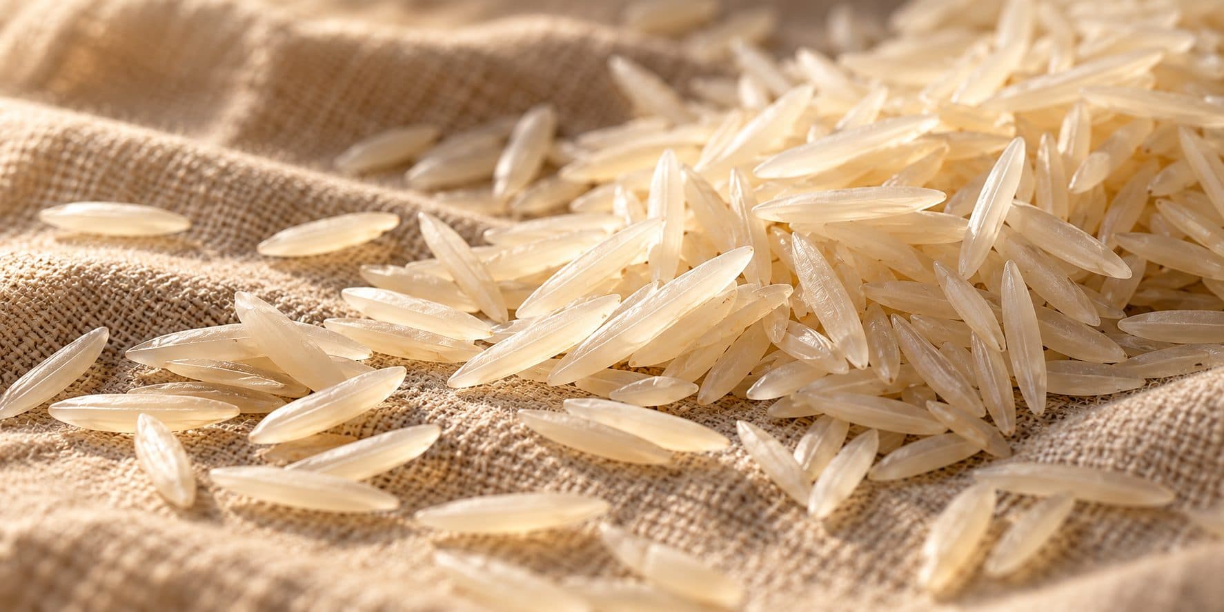 Uncooked extra long basmati grains on linen