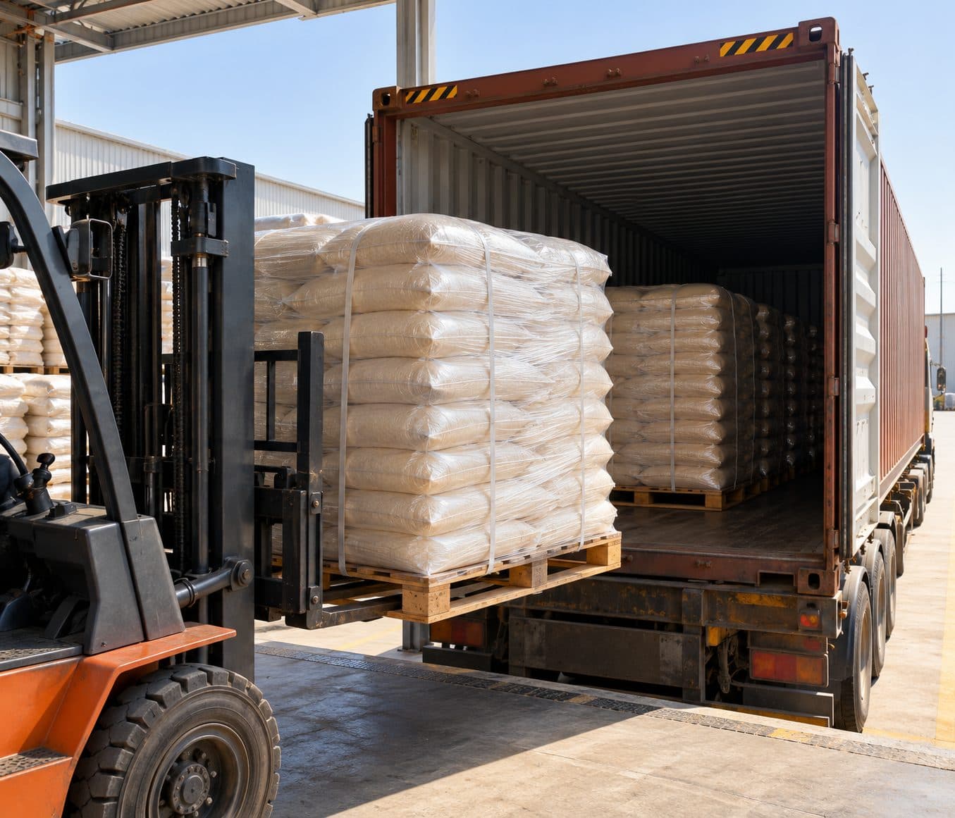 Forklift loading rice bags into a container