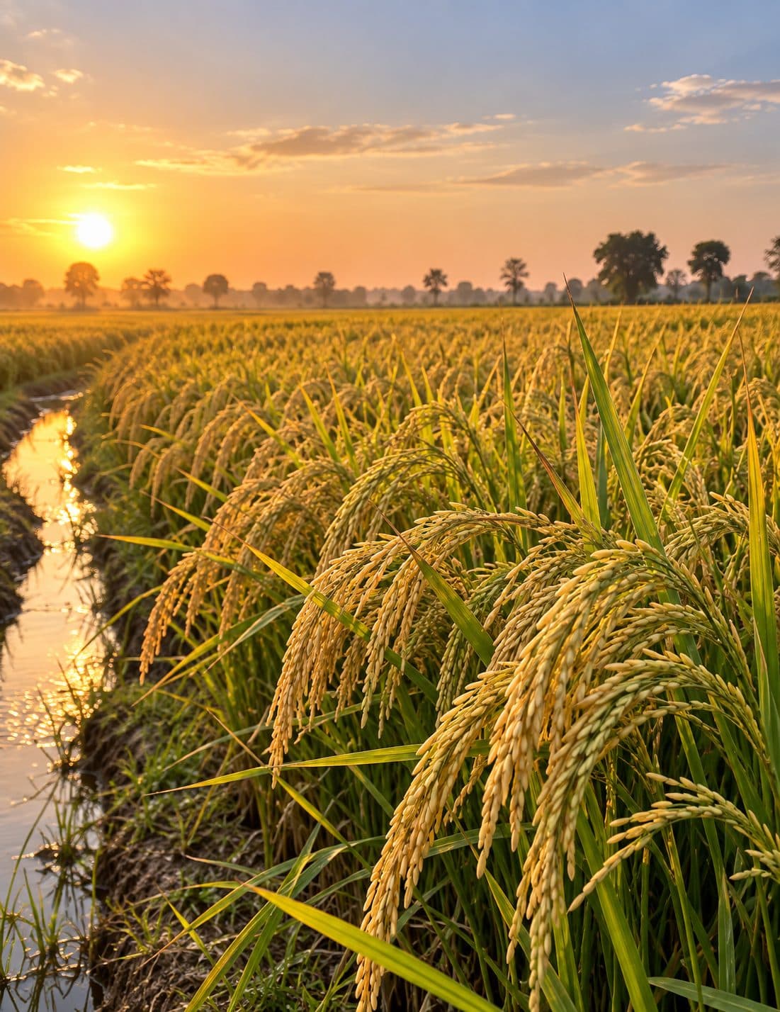 Basmati paddy field in Punjab at sunset