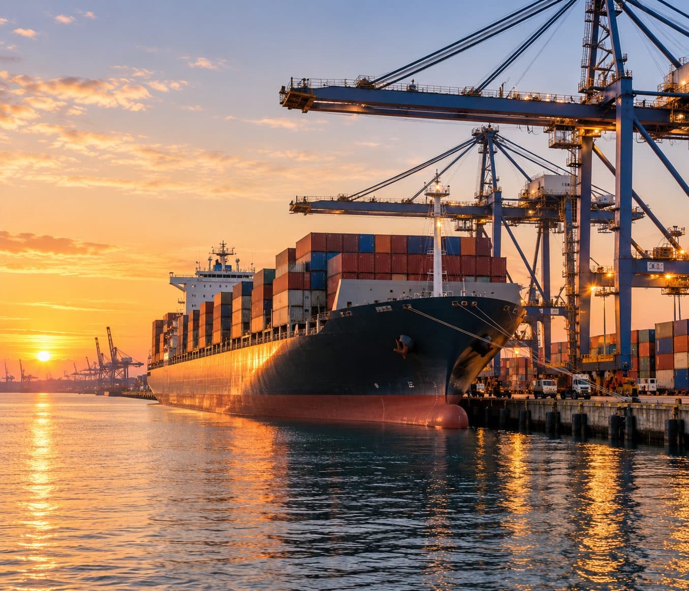 Container ship at a port terminal at dawn