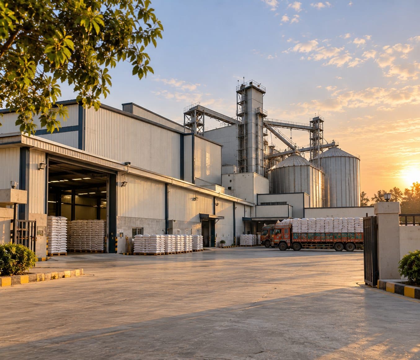Rice processing facility at golden hour